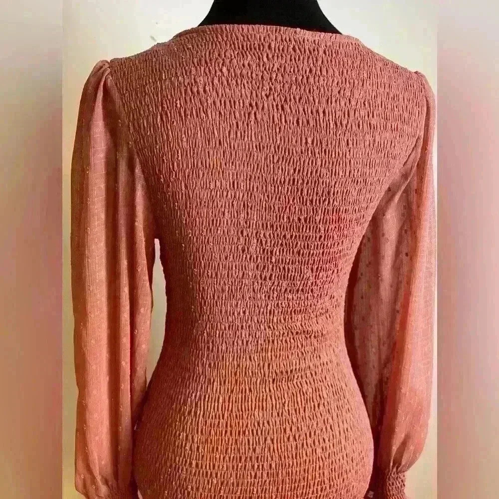 Storia Women's Shift Dress Smocked Pink Floral Long Sheer Sleeve S - Picture 4 of 12